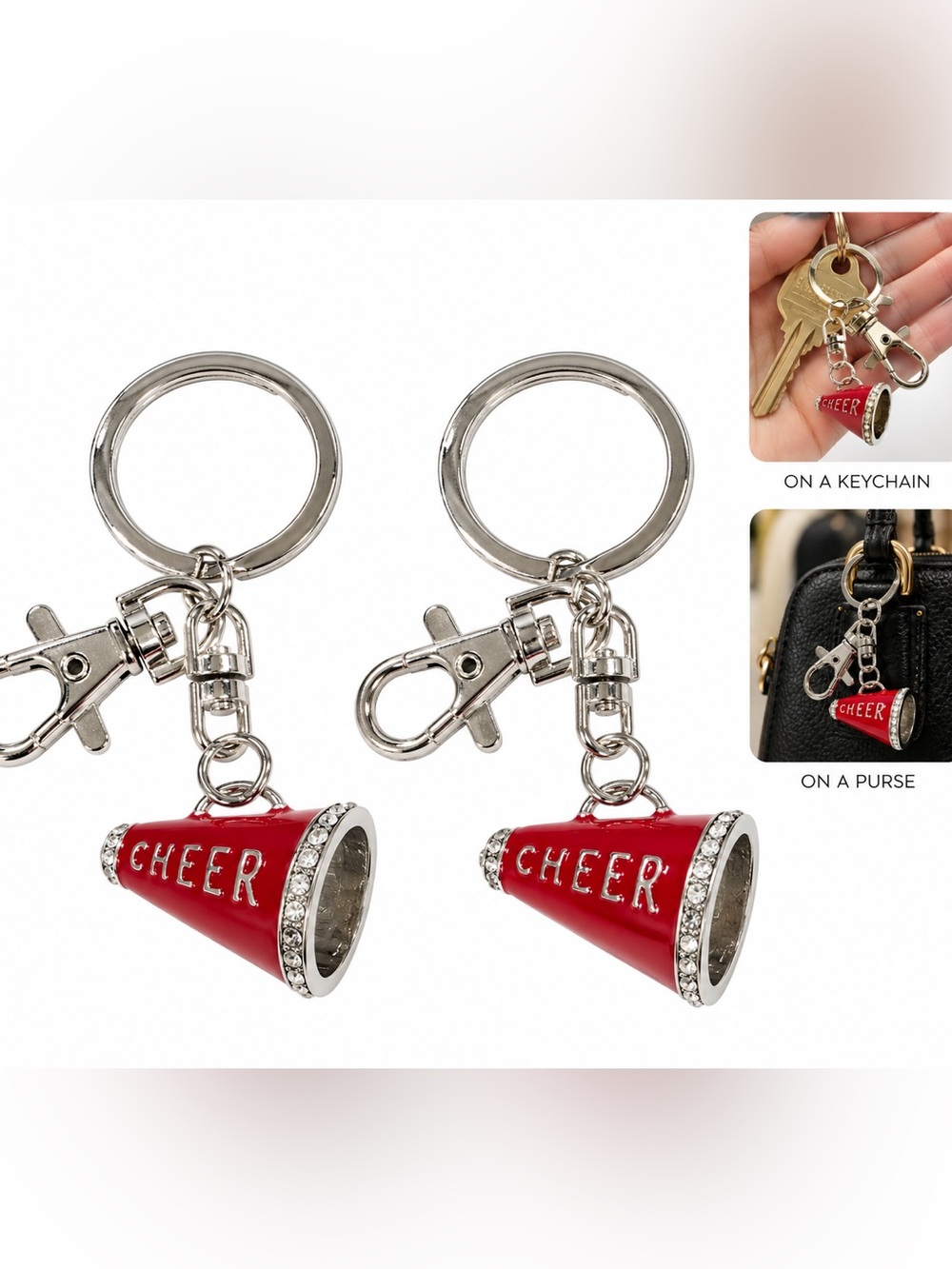 2 CHEER Red silver enamel Megaphone Keychain purse bag charm cheerleader gift